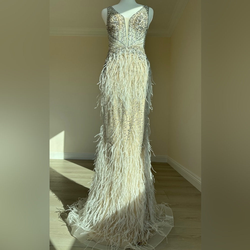 New Jovani 03023 Sheer Embellished Bodice
Feather Gown|Cream|00|Missing Tags - Picture 9 of 17